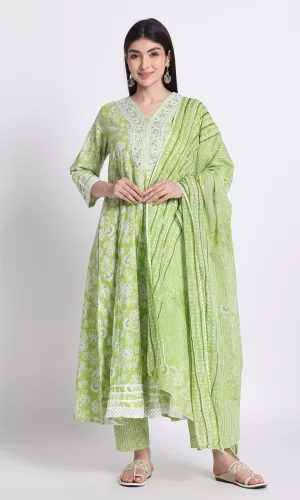 Women Floral Embroidered Cotton Kurta with Trousers & Dupatta