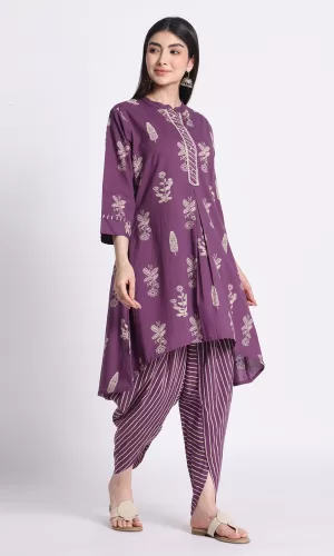 Women Ethnic Motifs Printed Mandarin Collar Pure Cotton Kurti with Dhoti Pants