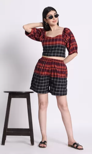 Black & Maroon Cotton Cord Set with Shorts