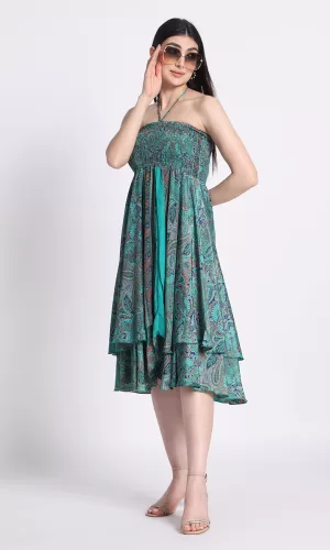 Ethnic Printed Halter Neck Smocked Fit And Flare Teal-Green and blue Dress