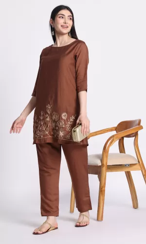 Floral Embroidered Round Neck Top with Trousers Co-Ords