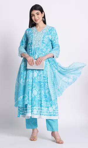 Floral Printed V-Neck Mirror Work Pure Cotton Turquoise blue and white printed kurta with trousers and dupatta