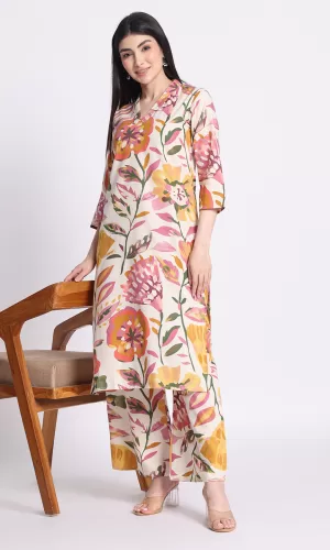 Floral Printed V-Neck Pure Cotton Straight Kurta With Palazzos