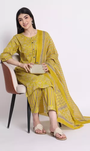 Women Floral Printed Cotton Mustard & Grey Printed Kurta with Trousers & Dupatta