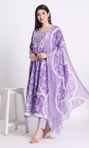 Women Floral Printed Cotton Purple & White Printed Kurta with Trousers & Dupatta