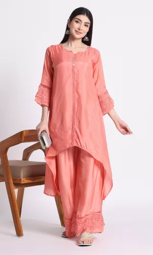 Women Solid A-Line Peach Solid Kurta with Palazzos