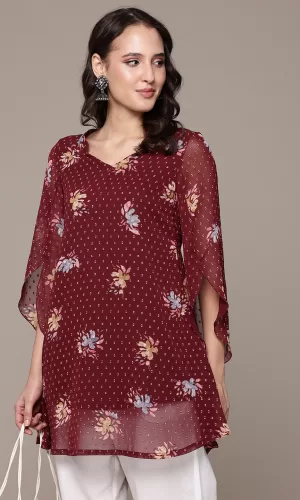 Floral Printed Flared Sleeves Maroon Kurta