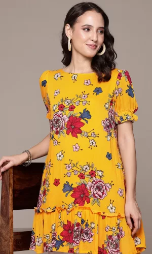 Floral Printed Tiered Yellow Kurta