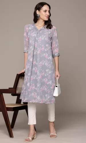 Floral Printed V-Neck Sequinned A-line grey and pink Kurta