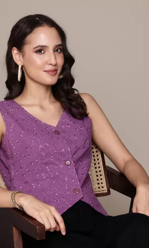 Floral Schiffli Purple Vest Top