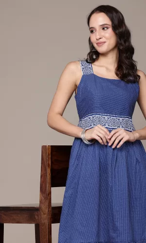 Polka Dot Printed Gathers A-line blue Kurta