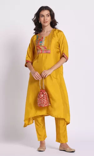 Silselah-Floral Yoke Design Tusser Silk A-Line Kurta With Trousers